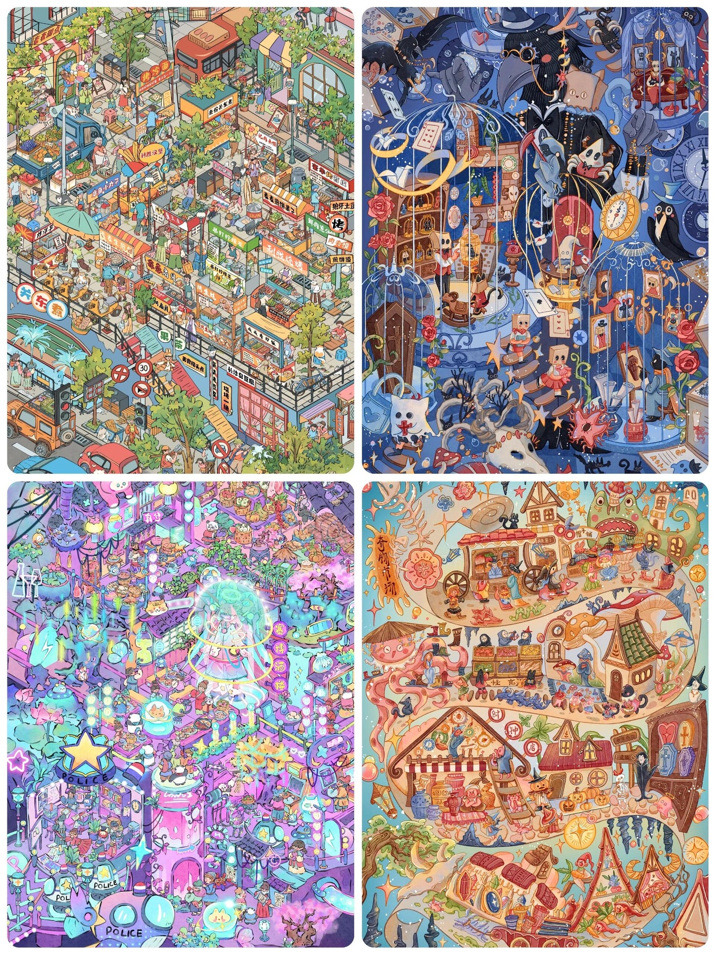 4 Cute Miniature Scenes（XL）：Mr. Crow's Cage、Bromegrass Snack Street、Oddities Market、Cyber Restaurant